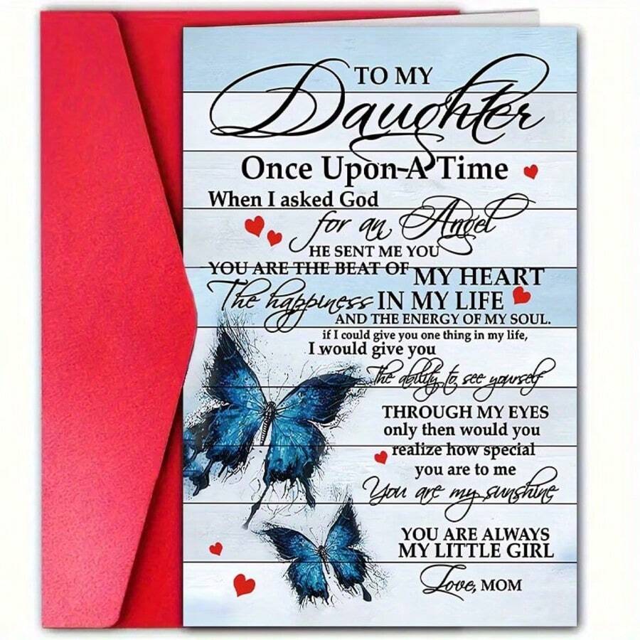 A Paper Greeting Card With Red Envelope, From Mother To Daughter - A Heartfelt Birthday Card With Butterfly Design - A Note Of Love Suitable For Any Occasion - From Mom To Daughter