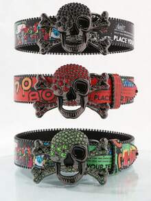1pc Y2K Rhinestone Skull Buckle Belt, Graffiti Print Belt, Punk Gothic Waist Belt For Streetwear, Raves, And Party Outfits - Rhinestones - View 1