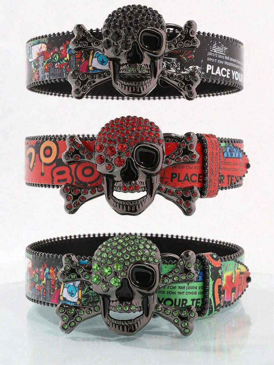 1pc Y2K Rhinestone Skull Buckle Belt, Graffiti Print Belt, Punk Gothic Waist Belt For Streetwear, Raves, And Party Outfits - Rhinestones - View 1