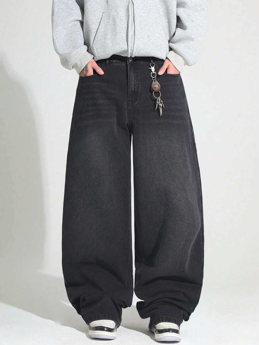 1pc Justice Brother Men's Loose Washed Denim Casual Baggy Wide Leg Jeans Pants (Excluding Belt/Accessories) - 深灰色 - 查看 1