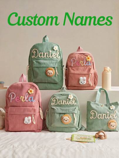 Customized Name Backpack, Solid Color Campus Backpack, Customized Corduroy Backpack, Embroidered Backpack, Back To School,Personalized Backpack, Customized Bag, Gift, Backpack, Customized Embroidered Bag