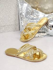 1双夏季时尚软底透气不疲劳户外金色编织人字拖 - 金色 - 查看 8