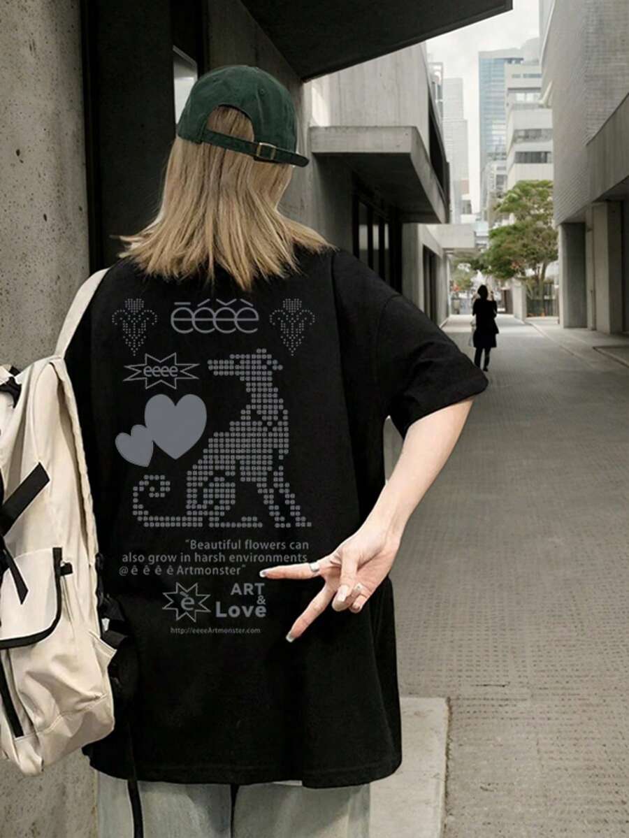 2026 Summer New Women's Round Neck Casual Loose Visual Design Pixel Style Double-Sided Puppy Print Street Versatile College Student Short Sleeve T-Shirt, 1 Piece - Black - View 1