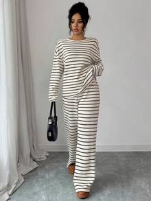 Conjunto de dos piezas de camiseta de manga larga con cuello redondo y hombros descubiertos a rayas y pantalones con cintura elástica a rayas para mujer, estilo casual, de viaje, bohemio, para primavera/verano/otoño/invierno - Albaricoque de café - Ver 5