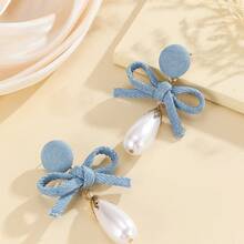 1 Pair Of Fashionable European And American Denim Earrings With Bows, Vintage Personalized Handmade Pearl Studs, Vintage Blue Denim Accessories - 淺藍色 - 查看 3