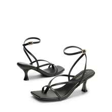 Women Kitten Heel Ankle Strap Thong Heeled Sandals, Fashion Open Toe Low Heel Summer Sandals For Casual Wearing And Wedding Party Formal Occasion - 黑色 - 查看 5