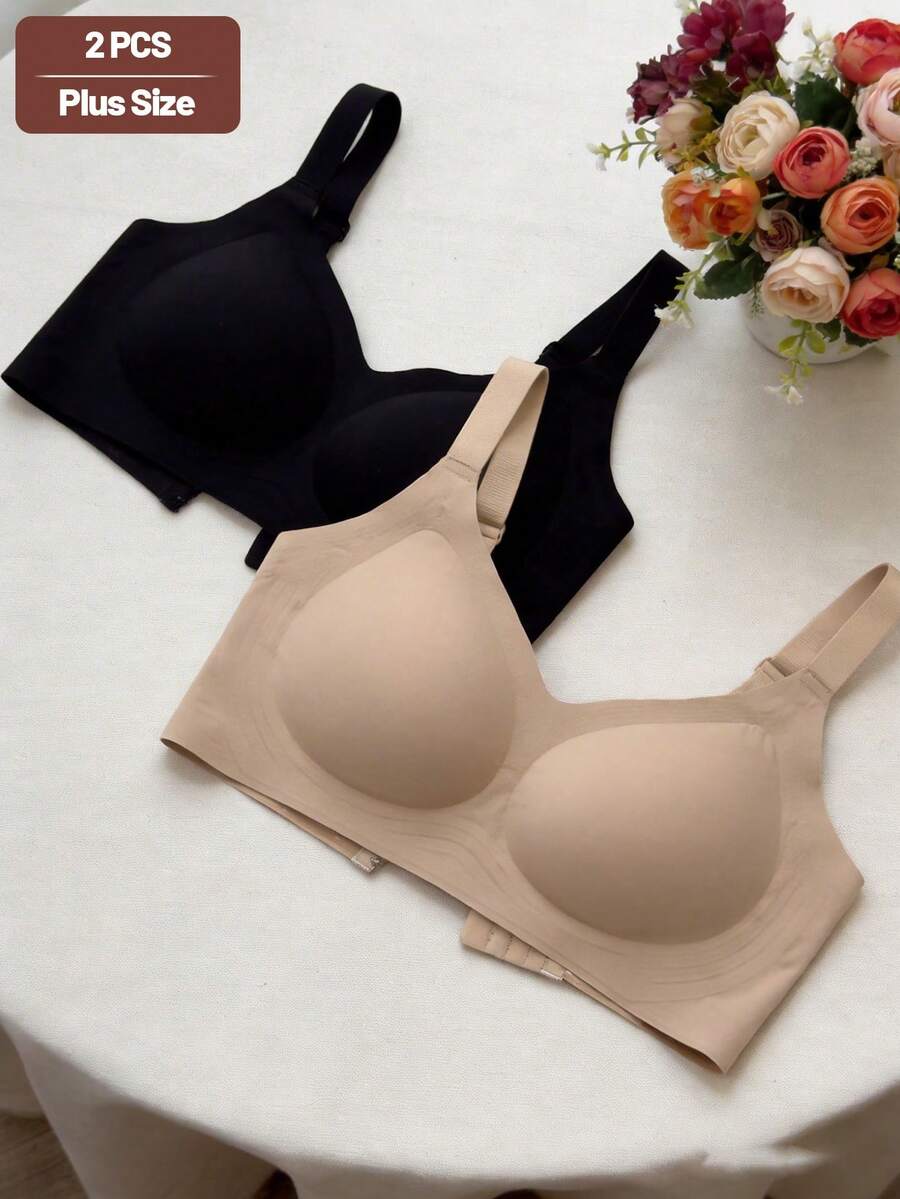 2件装加大码女士纯色简约舒适防下垂文胸 - 彩色 - 查看 1