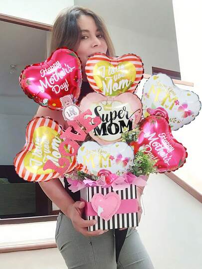 8pcs 10-Inch Heart-Shaped Balloons, Super Mom, Floral Pattern, For Mother's Day Happy Party Decoration, Celebrating Mother's Day, Gift For Mom, Photo Props, Mother's Day Scene Decoration, Indoor/Outdoor Decor, Photo Props
