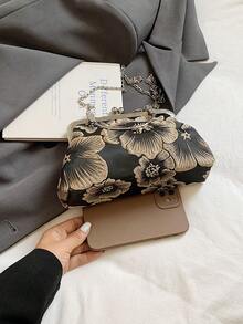 2026新款链条流苏晚宴手拿包，时尚明星手提包，单肩斜挎包，纯色拉链链条托特包【花卉图案位置随机】 - 黑色 - 查看 9