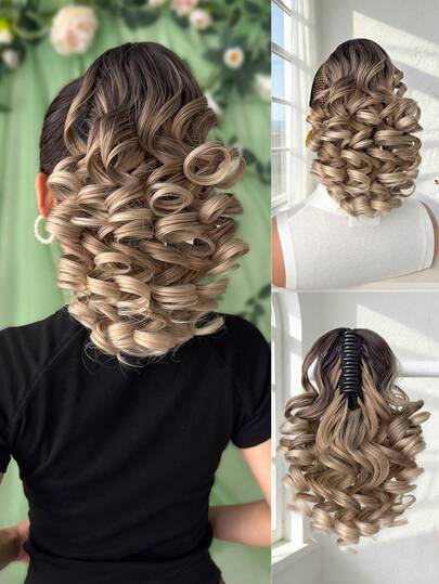 Kẹp tóc đuôi ngựa xoăn màu đen và nâu dài 12 inch, làm từ sợi tổng hợp chịu nhiệt, phù hợp cho phụ nữ dự tiệc và sử dụng hàng ngày.