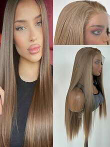 Stunning Linen Gold Hair Synthetic Lace Front Wigs 26 Inch Pre Plucked Long Straight Hair Wigs 13X4 HD Lace Wigs Glueless Linen Gold Wigs Heat Resistant Wigs Linen Gold Long Silky,Suitable For Fashionable Ladies To Wear On A Daily Basis. - Linen Gold - View 2