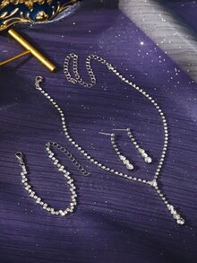 4pcs Bridal Wedding Necklace Earrings Bracelet Set, Women's Rhinestone Tassel Jewelry Set, Sparkling Party Banquet Luxury Jewelry - Multicolor - View 9