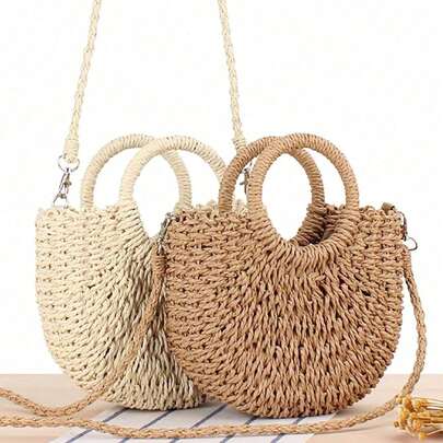 1pc Half-Moon Out Handbag,Simple Style Ins, Half-Circle Straw Bag, Beach Hand-Woven Bag,Fashionable Beach Vacation Straw Woven Bag,Holiday Women's Bag,Vacation Bag For Summer, Perfect For Beach Vacation, Travel, Shopping, And Vacation Essentials