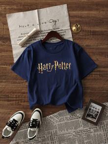 Whysmera SHEIN X Harry Potter 女款時尚休閒短袖T恤，可愛卡通角色與獅鷲印花，透氣，復古漫畫風格派對穿搭 - 藏蓝色 - 查看 3