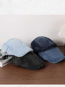 1pc Solid Color Washed Denim Newsboy Cap, Minimalist Vintage Beret Hat,Summer,Beach,Holiday,Festival,Travel - A - View 8