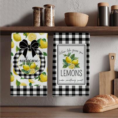 MEMNUN 2pcs Watercolor Lemon Plaid Print Kitchen Towels, 15.75*23.62in(40*60cm) Super Soft Absorbent Dish Cloths, Modern Kitchen Decor, Suitable For Restaurant, Kitchen, Daily Use, Gifts, All Seasons