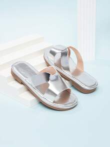 Girls' Casual Minimalist Flat Slide Sandals, Vacation Style - Silver - View 3
