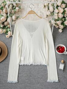 Women's Frill Trim Tie Front Lightweight Cover Up Sheer Cover Up Long Sleeve Top, Spring/Summer - White - View 10