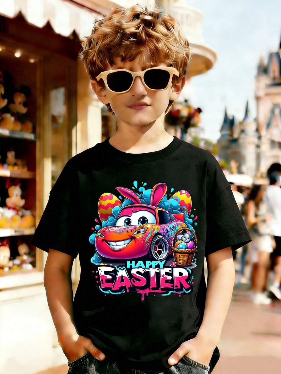 Disney Easter Lightning McQueen T-Shirt, Easter Egg In "Racing All The Way" Print Pattern Summer Tops,Short-Sleeved Casual And Cute Style Children's Clothing Design, Boy Clothes For Kids ,Ropa Para Niños,Boy Clothes For Kids,Graphic Tee, Summer Clothes,Perfect For Cool Boy. Comfortable And Breathable Children's Short-Sleeved T-Shirt. Comfortable And Casual Wear All Year Round 180g Pure Cotton Children's Clothes,Comfortable & Lightweight, Iconic Print For Mix-And-Match Outfits,Suitable For Both Boys And Girls. - Black - View 1