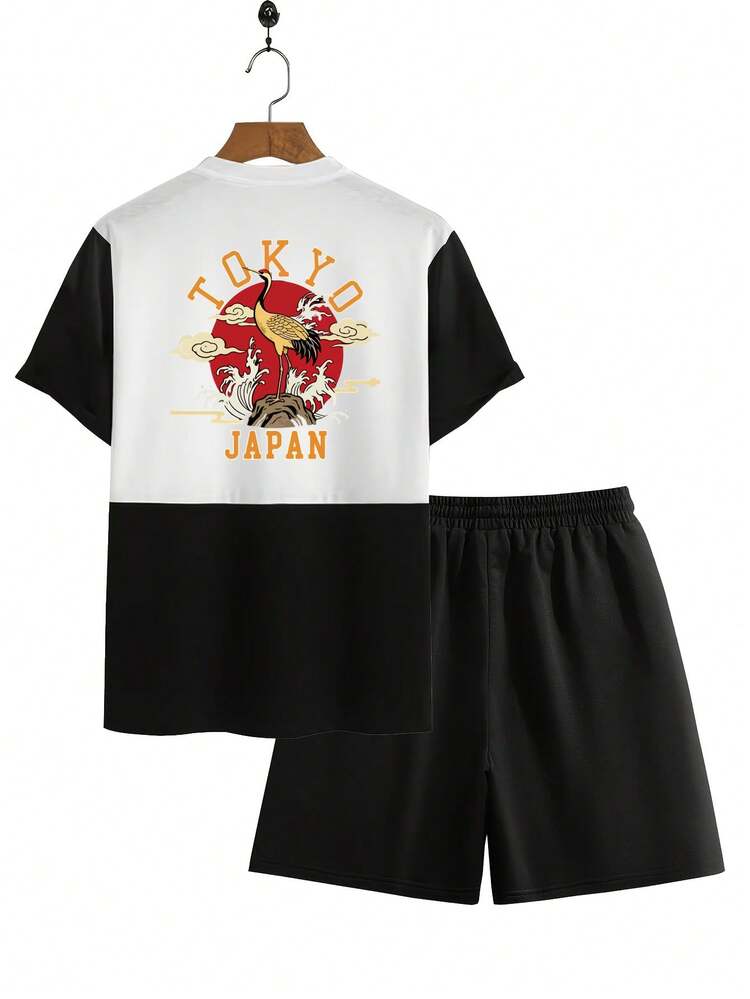 Conjunto de pantalones cortos y camisa de manga corta con estampado de grulla japonesa y texto en inglés, para uso diario, talla grande para hombres - Blanco y Negro - Ver 3