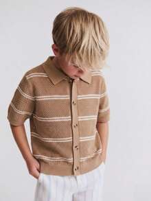 Boys' Casual Striped Hollow Out Collar Short Sleeve Thin Knit Sweater, Suitable For School, Daily Wear In Spring, Summer And Autumn - 卡其色 - 查看 1