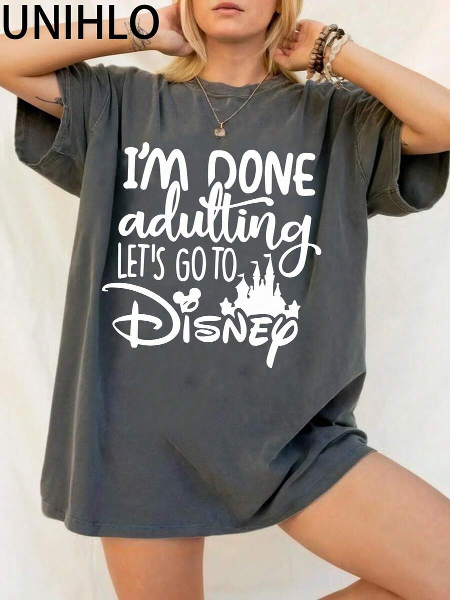 Disney UNIHLO  MICKEY AND FRIENDS  Printed Summer Heavyweight Retro Washed Street Fashion Casual T-Shirt - 黑色 - 查看 1