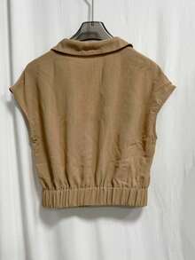 Women's Casual Brown Short Sleeve Button-Up Shirt, Collared Cropped Top, Made Of Non-Stretch Woven Fabric - Khaki - View 5