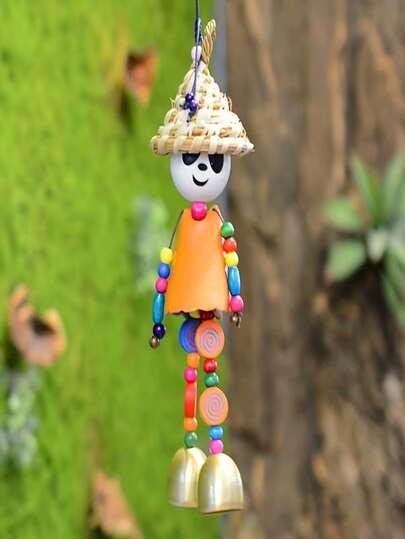 1 pièce Carillon de vent en paille colorée fait main avec décoration de perles et chapeau de paille - Décoration de jardin extérieur en métal, sans batterie, cadeau créatif pour la maison ou le jardin, carillon de vent décoratif | Design créatif | Carillon de vent extérieur fait de perles