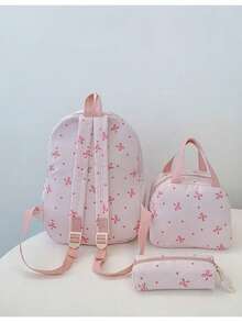 3pcs/Set Cute Bowknot Casual Backpack, Floral Pattern Schoolbag, Satchel & Pencil Case For Middle School Students, Versatile & Spacious - Pink - View 2