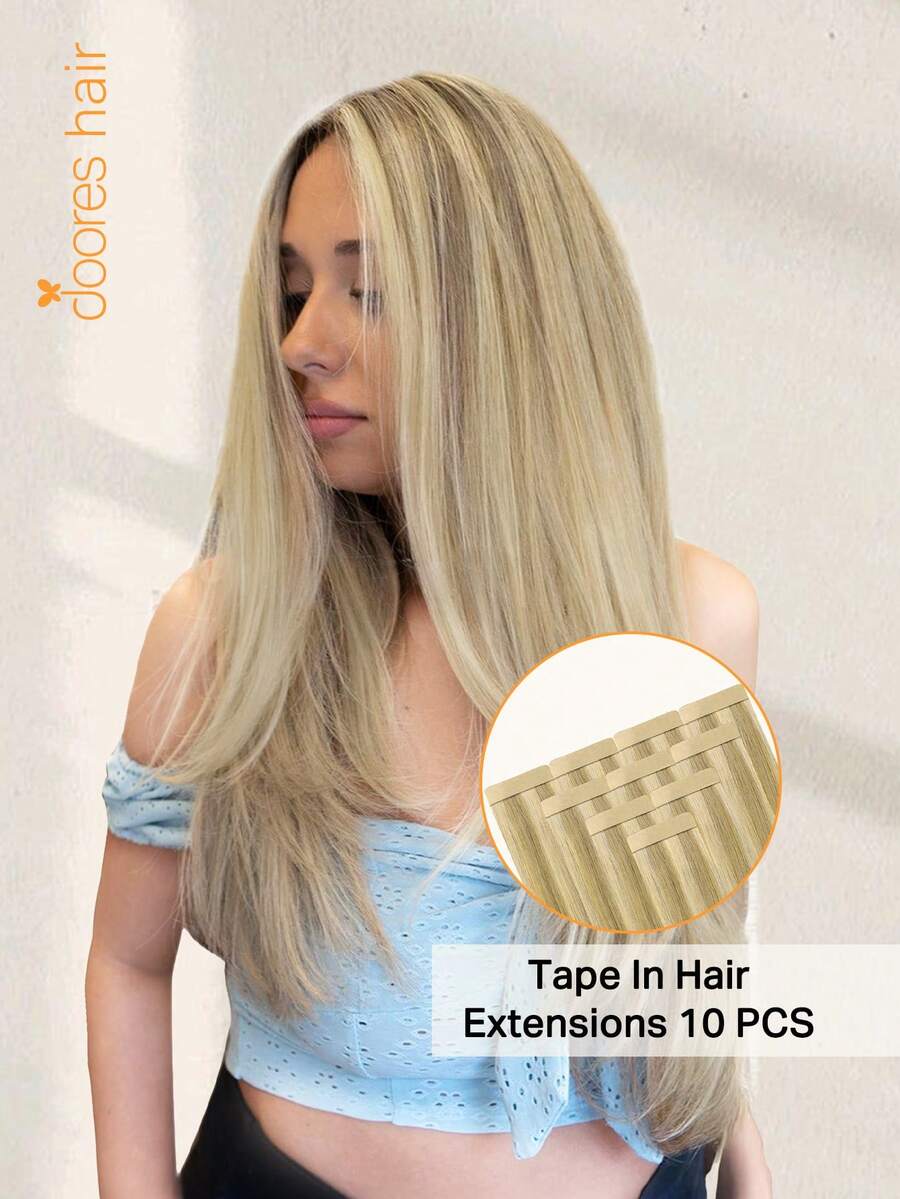 DOORES 10pcs Straight Tape In Hair Extension, 100% Remy Human Hair Extension For Salon Silky Seamless Invisible, Light Blonde Highlights ,25g Invisible Skin Weft PU Tape Extension, For Thinning Hair Woman Volume Add Length And Natural Look Highlights - Easy To Apply ,Perfect For Graduation, Anniversary, And Holiday Hairstyles - S16/22A - View 1