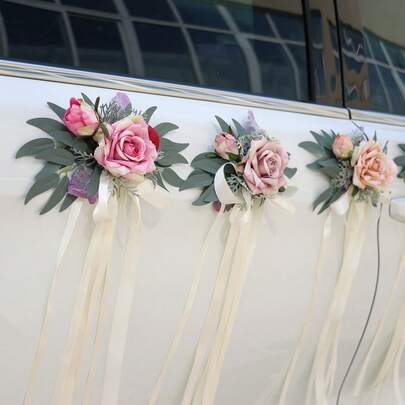 2pcs/Set - Multi-Color Bow Decor Flowers For Wedding, Engagement And Anniversary, Artificial Rose Decoration For Wedding Chairs, Suitable For Wedding, Holiday Party Decor On Car Rearview Mirror, Door Handle, Fit For Various Car Models, Matching Different Color Schemes To Meet Various Wedding Needs