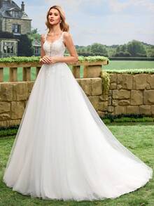 Elasola Váy cưới maxi voan mỏng phối ren cổ tim, màu trắng, thích hợp cho lễ cưới tại nhà thờ hoặc lễ cưới riêng tư mùa xuân. - trắng - Xem 8