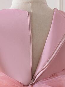 女童泡泡袖亮片蝴蝶结多层薄纱缎面优雅生日派对礼服，适合花童、婚礼、正式场合，不含头饰 - 藕粉色 - 查看 10