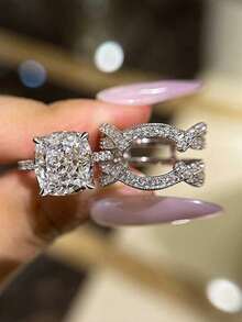 不对称镂空四爪椭圆几何立方氧化锆戒指，创意珠宝礼品，女士之选 - 白色 - 查看 2