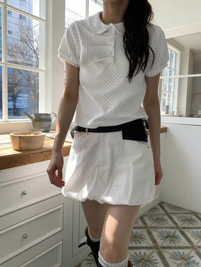 波点弹力袖口翻领修身短袖女式衬衫