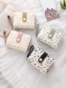 1pc Cute Bear Print Women's Wallet, Original Minimalist Japanese Style Tri-Fold Snap Closure Student Short Wallet, Women Coin Purse Clutch Bag, High-Value Compact Small Wallet, Folding Student ID Card Holder, Cute Cat Japanese Style Wallet - Pink Bear - View 5