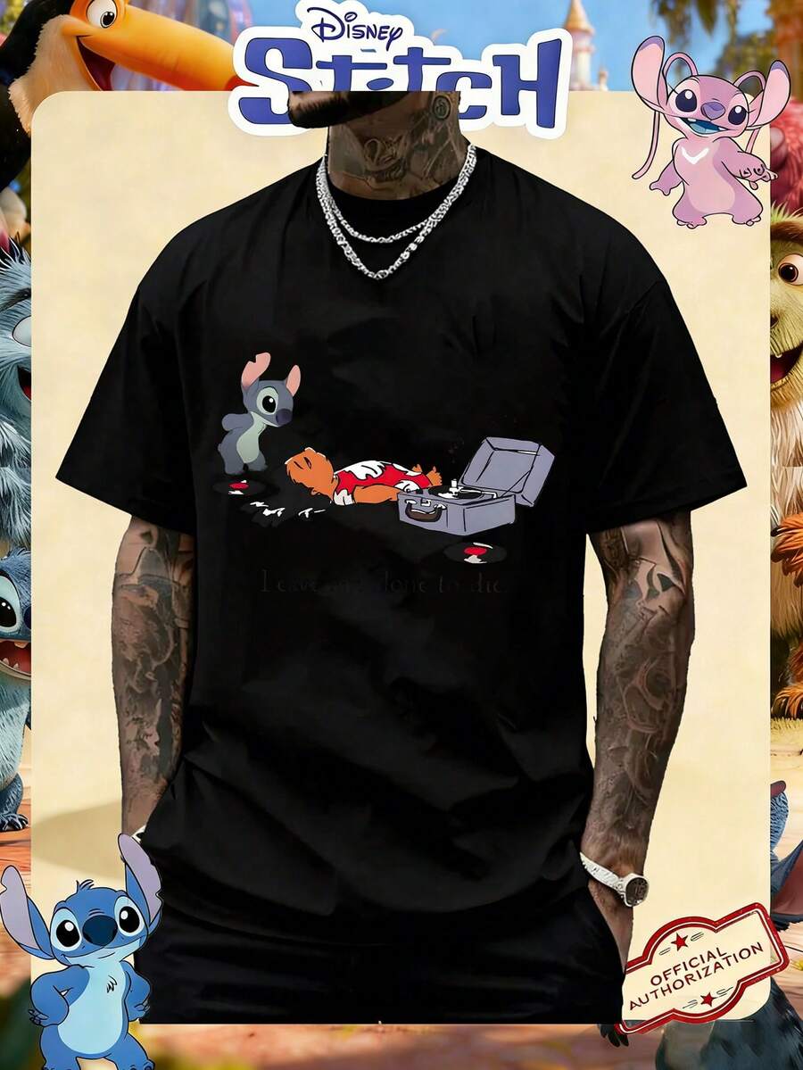 Disney Official Licensed Lilo & Stitch Stitch Relaxing Funny Scene Print 220g Cotton Crew Neck Unisex Tee - 黑色 - 查看 1