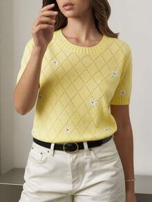 GIGOGOU Women's Fashion Embroidered Short Sleeve T-Shirt, Breathable Embroidered Knit T-Shirt Summer - Yellow - View 3