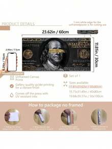 1/2 件套复古美元帆布艺术印刷品 - 现代无框当代抽象墙饰，以黑色背景和金色点缀的本杰明·富兰克林肖像为特色 - 适用于客厅、卧室或走廊，走廊艺术 | 当代美学 | 独特的美元艺术，帆布墙画，海报，墙饰，房间装饰，带框墙饰 - 彩色 - 查看 15