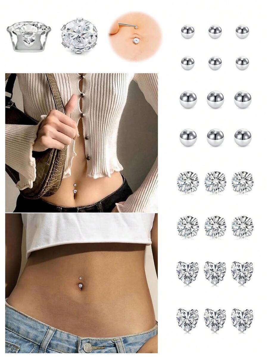 24件套假肚脐环、假眉环、假唇钉、替换球、尖头非穿孔人体饰品、假皮肤穿孔、粘贴式穿孔饰品 - 彩色 - 查看 1