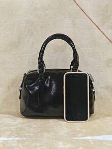 2025新款纯色软PU奢华手提包，时尚复古日常及节日礼品托特包，女士 - 黑色 - 查看 4