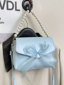 Sweet Lace Bow Pearl Mini Handbag Shoulder Bag - Baby Blue - View 10
