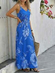 Đầm maxi in hoa màu xanh hải quân, cổ chữ V, hở lưng, dáng rộng, kiểu dáng thanh lịch, tôn dáng, mang đến vẻ đẹp hoàn hảo cho kỳ nghỉ hè 2026. - màu xanh biển - Xem 5