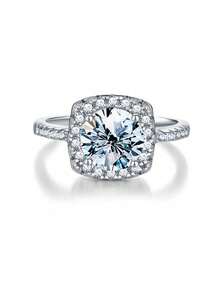 1pc S925 Sterling Silver Moissanite Ring, 4-Prong Square Moissanite Engagement/Wedding Ring, 1 Carat - Silver - View 3