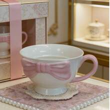 A Creative 3D Embossed Hand-Painted Bowknot Pattern Ceramic Coffee Cup, Bowknot Mug, Carefully Packaged As A Gift For The Back-To-School Season - White - View 4