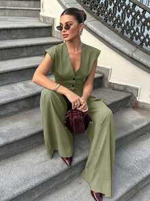 Conjunto de 2 piezas elegante para mujer de vacaciones de verano, conjunto de top blazer de mujer de moda sin mangas con cuello en V a rayas y pantalones anchos plisados, conjunto ligero de - Verde - Ver 2