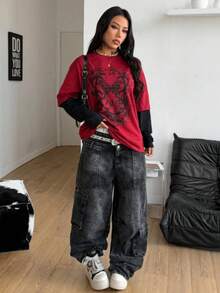 Women's 100% Cotton "Butterfly Grunge" Retro Graphic Print T-Shirt  Y2K Goth Short Sleeve Casual Tee - 紅色 - 查看 3