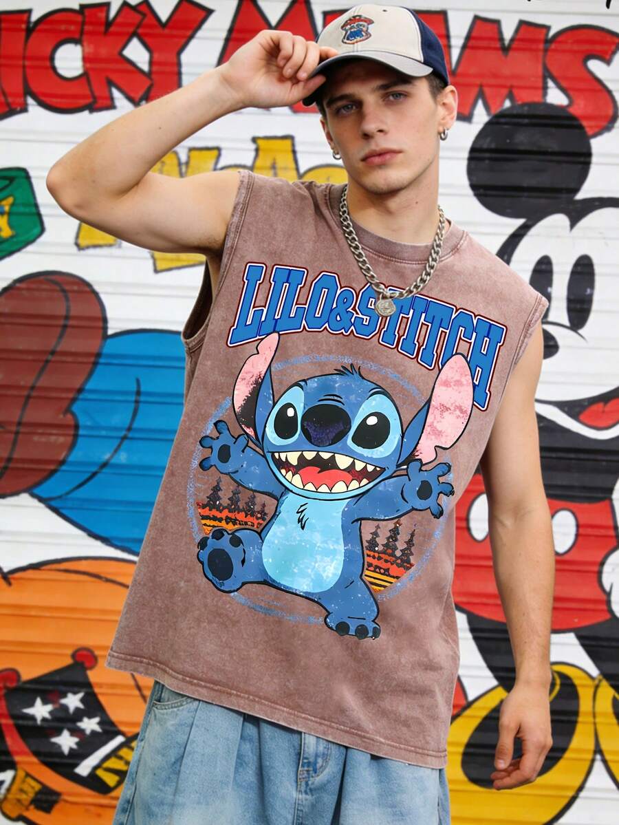 Disney Lilo & Stitch Retro Emblem 230GSM Vintage Washed Streetwear Tank Top, Casual Tank Top - Màu cà phê - Xem 1