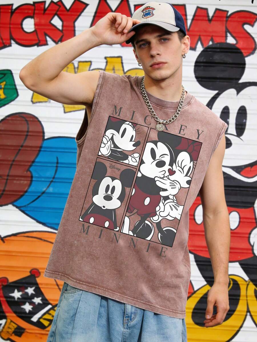 Disney Mickey & Minnie Retro Collage 230GSM Vintage Washed Streetwear Tank Top, Casual Tank Top - Màu cà phê - Xem 1