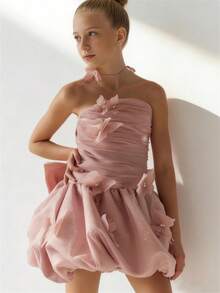 Tween Girl Pink Bow Beaded Butterfly Christmas Party Elegant Dress, Princess Dress Suitable For Girls Birthday Party, Banquet, Prom, Wedding Bridesmaid Flower Girl Dress, Thanksgiving, Graduation - Pink - View 1